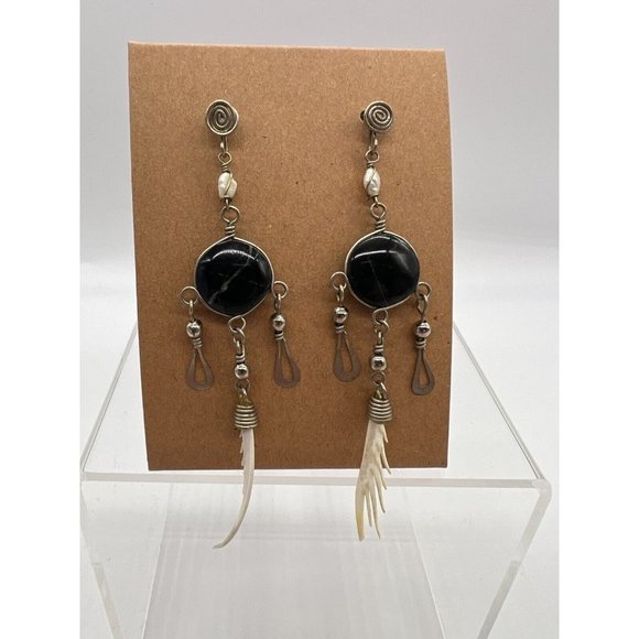 handmade Jewelry - Bohemian Southwestern Aristan wrap swirl stone shell cabochon dangle earrings